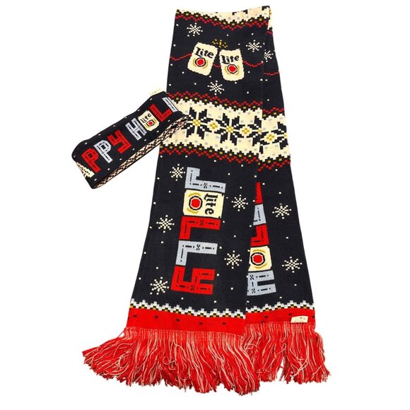 Miller Lite Ugly Christmas Scarf Fringe Knit Winter Headband Set - Picture 1 of 5